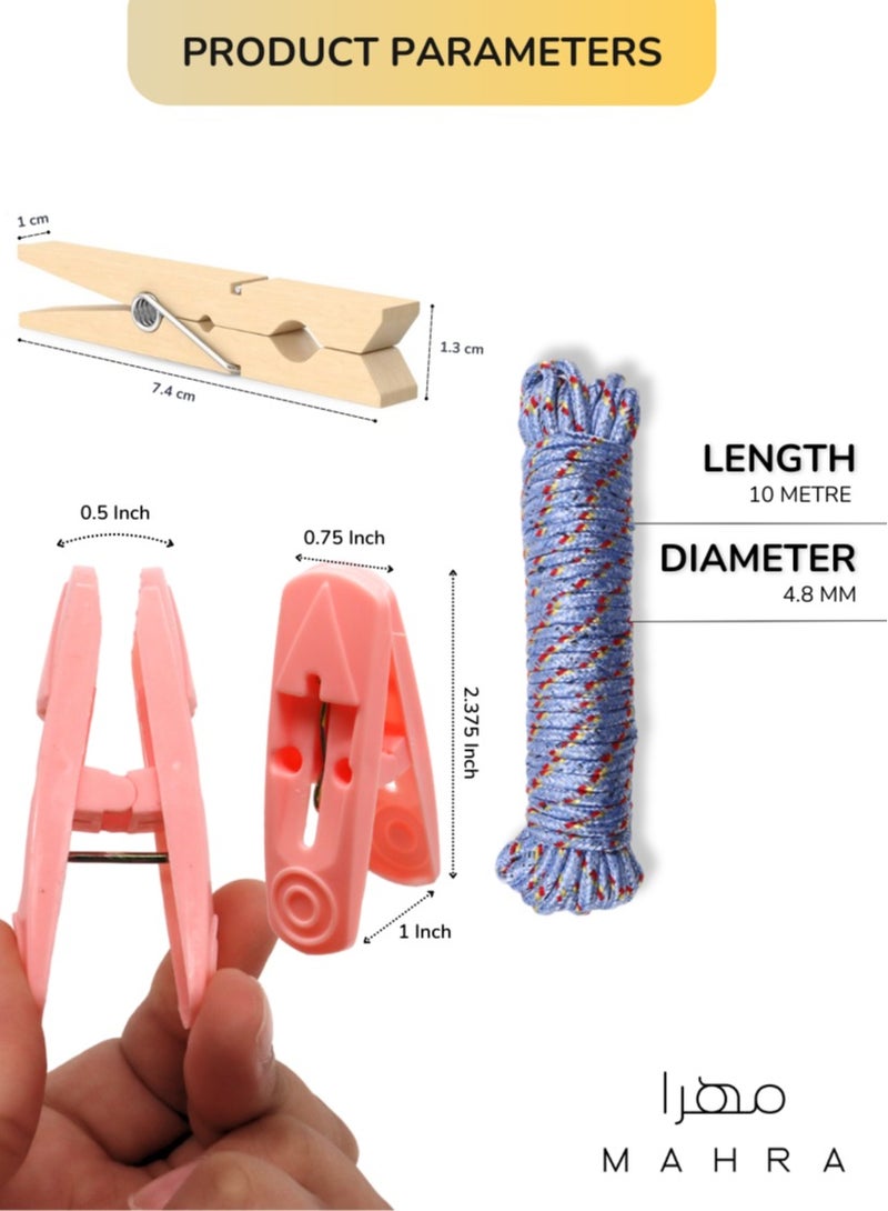 98-Piece Laundry Drying Kit | 48 Wooden Clips, 48 Plastic Clips (Cream, Rose, Charcoal) + 2 Polypropylene Ropes (10m each, Sky Blue) | Perfect for Laundry, DIY Projects, Home Storage & Outdoor Activities  - Image 2