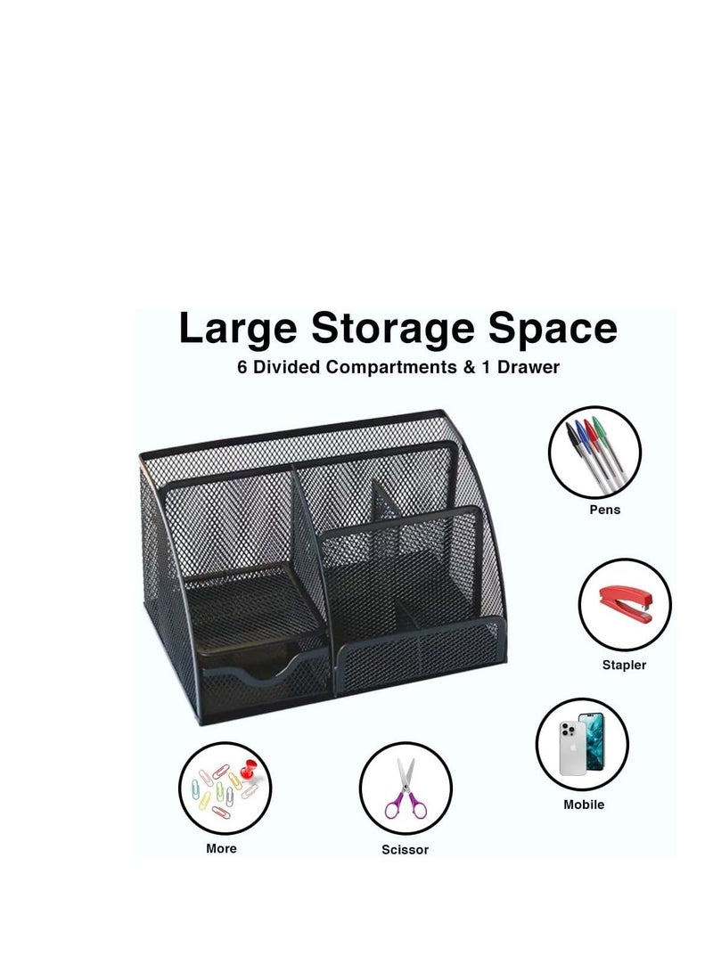 Terabyte Desk Organizer Mesh Pen Holder with 6 Compartments and 1 Drawer Stationery Organizers for Home Office School Classroom Multifunctional - Image 1