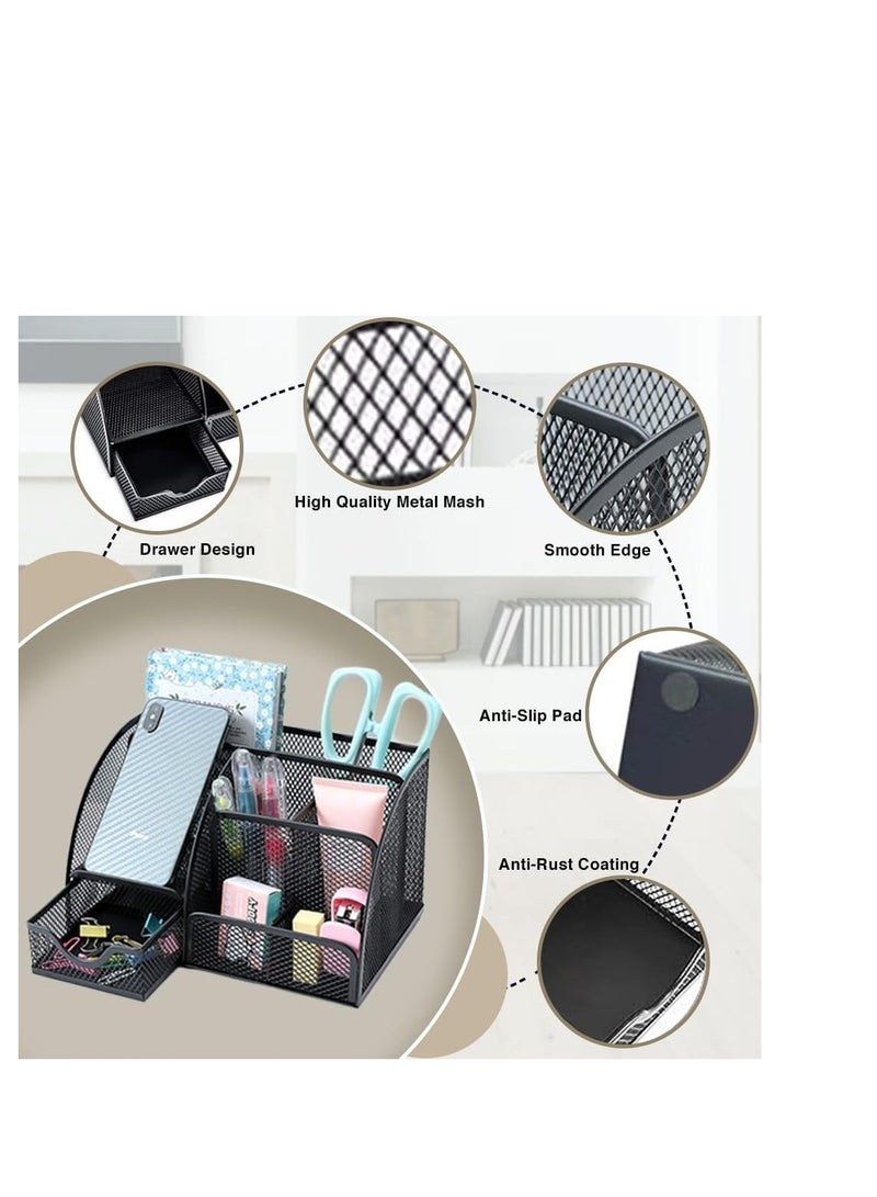 Terabyte Desk Organizer Mesh Pen Holder with 6 Compartments and 1 Drawer Stationery Organizers for Home Office School Classroom Multifunctional - Image 3