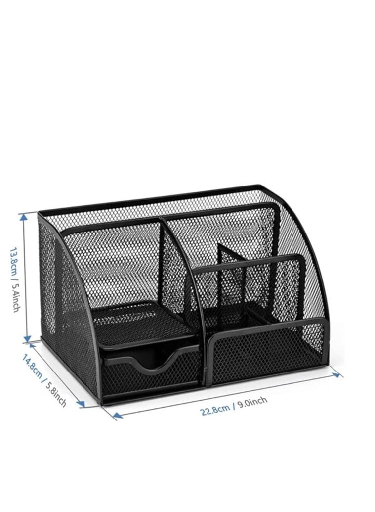 Terabyte Desk Organizer Mesh Pen Holder with 6 Compartments and 1 Drawer Stationery Organizers for Home Office School Classroom Multifunctional - Image 4