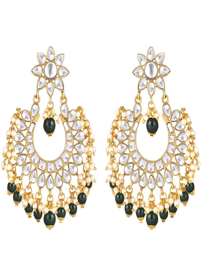 Peora Gold Plated Kundan Pearl Green Floral Chandbali Earrings with Maang Tikka Indian Traditional Ethnic Jewellery Set for Women Girls - Image 3