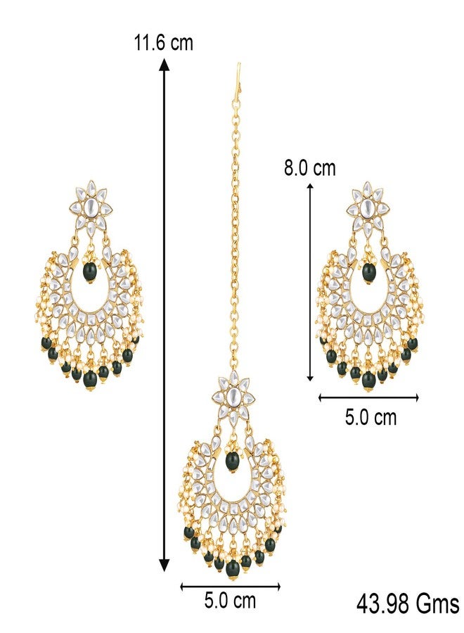 Peora Gold Plated Kundan Pearl Green Floral Chandbali Earrings with Maang Tikka Indian Traditional Ethnic Jewellery Set for Women Girls - Image 4