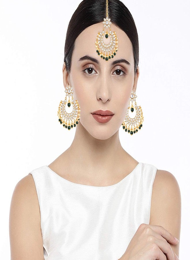 Peora Gold Plated Kundan Pearl Green Floral Chandbali Earrings with Maang Tikka Indian Traditional Ethnic Jewellery Set for Women Girls - Image 2