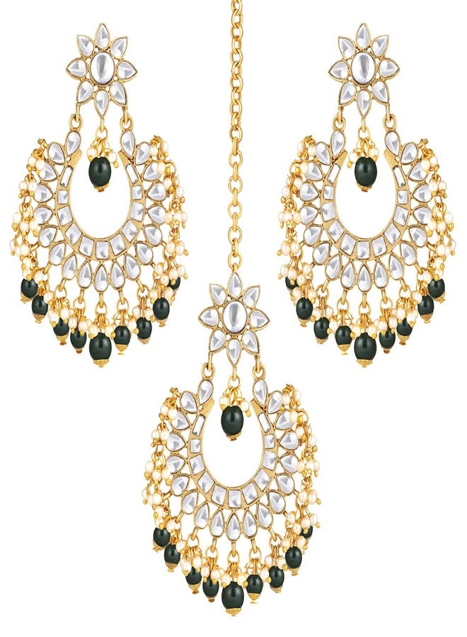 Peora Gold Plated Kundan Pearl Green Floral Chandbali Earrings with Maang Tikka Indian Traditional Ethnic Jewellery Set for Women Girls - Image 1