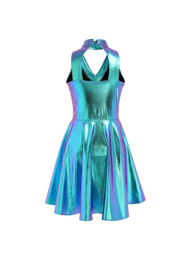 ODASDO Women Trapeze Artist Fancy Dress Circus Costume, Woman Holographic Metallic Jumpsuit One-piece Bodysuit Mock Neck Leotard Dress Gymnastic Talent Show Ballet Dancewear Stage Performace Blue XL - Image 2