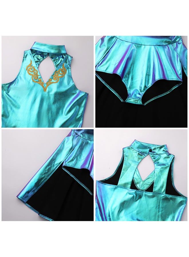 ODASDO Women Trapeze Artist Fancy Dress Circus Costume, Woman Holographic Metallic Jumpsuit One-piece Bodysuit Mock Neck Leotard Dress Gymnastic Talent Show Ballet Dancewear Stage Performace Blue XL - Image 3