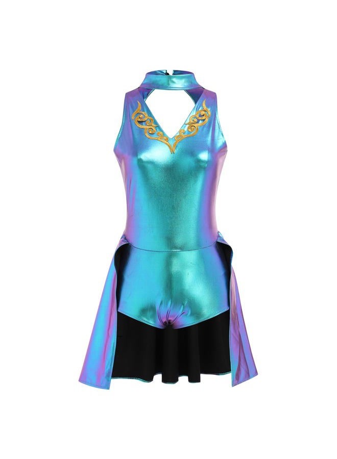 ODASDO Women Trapeze Artist Fancy Dress Circus Costume, Woman Holographic Metallic Jumpsuit One-piece Bodysuit Mock Neck Leotard Dress Gymnastic Talent Show Ballet Dancewear Stage Performace Blue XL - Image 1