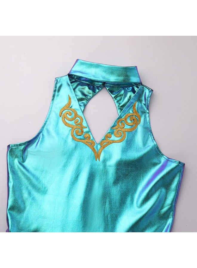 ODASDO Women Trapeze Artist Fancy Dress Circus Costume, Woman Holographic Metallic Jumpsuit One-piece Bodysuit Mock Neck Leotard Dress Gymnastic Talent Show Ballet Dancewear Stage Performace Blue XL - Image 5