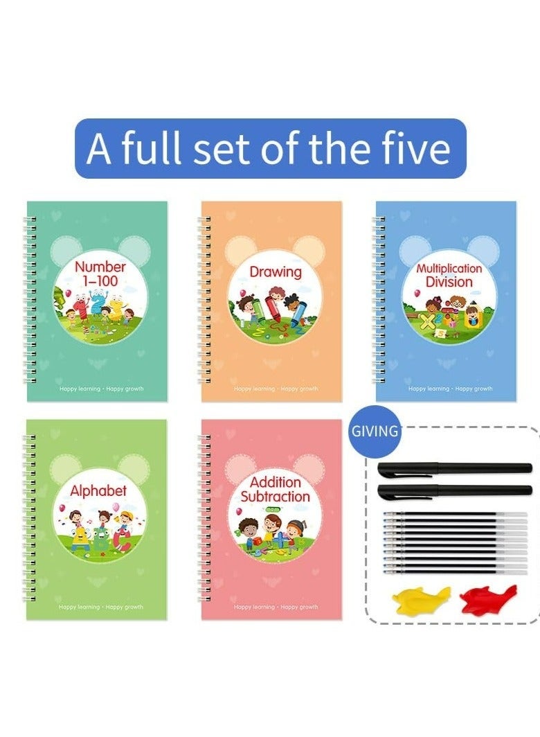 Bukela Reusable Grooved Handwriting Workbooks, Magic Copybook, Magic Writing Practice Copy Books, Practice Copybook for Age 3-5 Calligraphy Simple Hand Lettering (5 Books with Pens). - Image 3