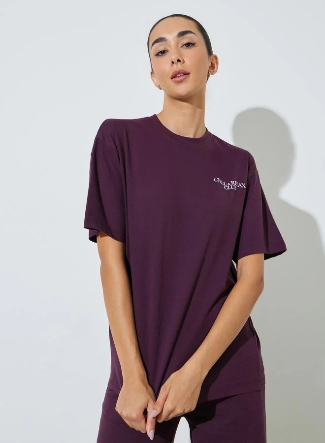 Styli Purple Oversized Slogan Print Cotton Blend T-Shirt