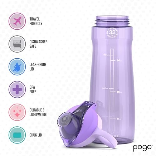 Pogo 32oz Plastic Water Bottle with Chug Lid and Carry Handle, Reusable, BPA Free, Dishwasher Safe, Perfect for Travel, School, Outdoors, and Gym, Lilac - Image 3