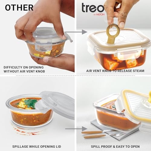 Treo By Milton All Fresh Borosilicate Glass Square Tiffin set of 2, 320 ml each, Durable Carry Jacket,Microwave & Oven Safe,Leak Proof, Air Vent Lid, Scratch Resistant, Ideal for Office, School,Travel - Image 2