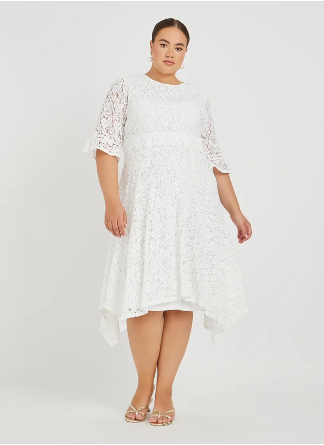 ستايلي Plus Size Lace High Neck Asymmetric Hem A-Line Midi Dress
