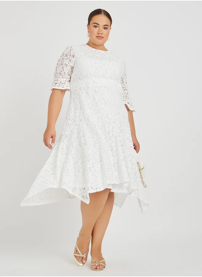 ستايلي Plus Size Lace High Neck Asymmetric Hem A-Line Midi Dress