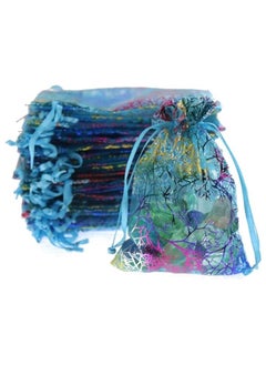 Vitacelli 100Pcs Blue Organza Drawstring Bags Jewelry Pouches, Coralline Pattern Candy Chocolate Party Wedding Favor Gift 10X10X15CM  - Image 1