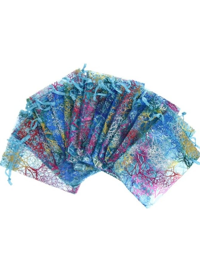 Vitacelli 100Pcs Blue Organza Drawstring Bags Jewelry Pouches, Coralline Pattern Candy Chocolate Party Wedding Favor Gift 10X10X15CM  - Image 2