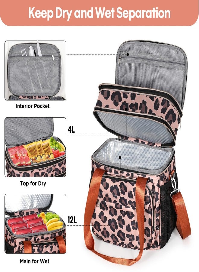GLENKEY Expandable Insulated Cute Lunch Box for Women, Large Lunch Bag Tote Double Deck Leakproof Cooler Lunch Bag with Shoulder Strap for Adults Work Office Outdoor Picnic Beach, (Leopard, 16L) - Image 2