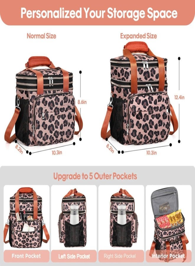 GLENKEY Expandable Insulated Cute Lunch Box for Women, Large Lunch Bag Tote Double Deck Leakproof Cooler Lunch Bag with Shoulder Strap for Adults Work Office Outdoor Picnic Beach, (Leopard, 16L) - Image 3
