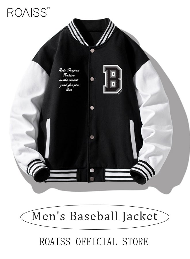 roaiss Men Baseball Jacket Spring Autumn Uniform Jackets Fashion Oversized Graphic Striped Trim Drop Shoulder Corduroy Varsity Jacket Preppy Striped Stand Collar Jacket - Image 1