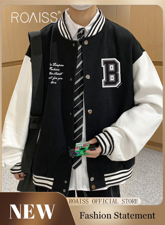 roaiss Men Baseball Jacket Spring Autumn Uniform Jackets Fashion Oversized Graphic Striped Trim Drop Shoulder Corduroy Varsity Jacket Preppy Striped Stand Collar Jacket - Image 2