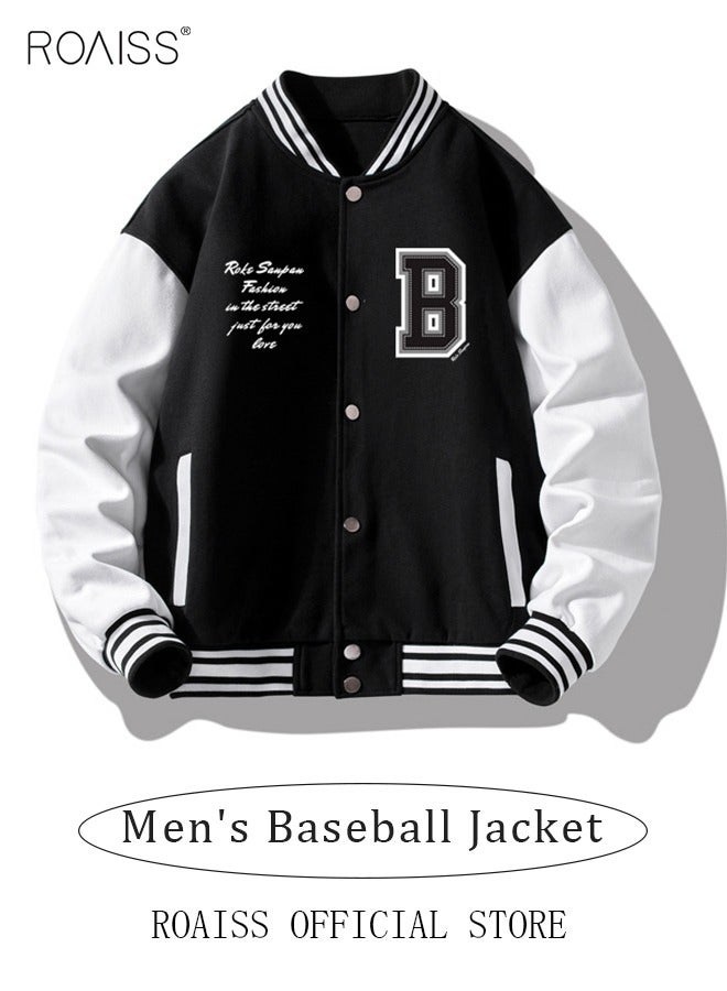 roaiss Men Baseball Jacket Spring Autumn Uniform Jackets Fashion Oversized Graphic Striped Trim Drop Shoulder Corduroy Varsity Jacket Preppy Striped Stand Collar Jacket - Image 3
