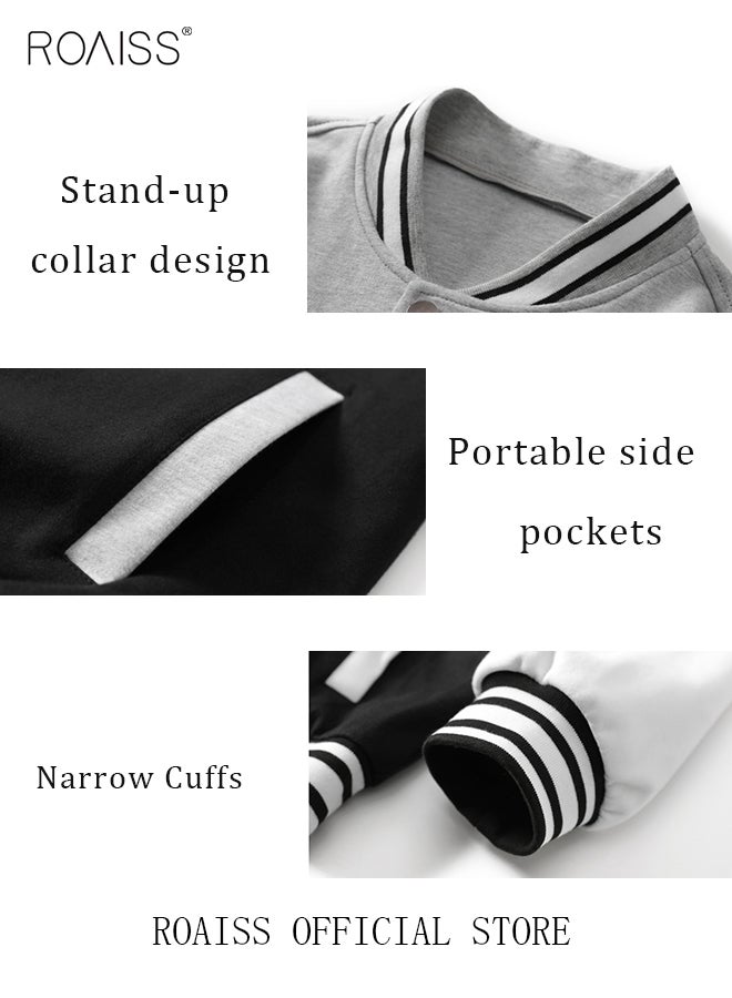 roaiss Men Baseball Jacket Spring Autumn Uniform Jackets Fashion Oversized Graphic Striped Trim Drop Shoulder Corduroy Varsity Jacket Preppy Striped Stand Collar Jacket - Image 4