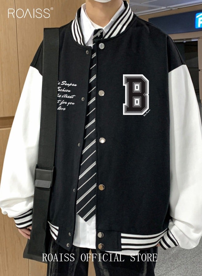 roaiss Men Baseball Jacket Spring Autumn Uniform Jackets Fashion Oversized Graphic Striped Trim Drop Shoulder Corduroy Varsity Jacket Preppy Striped Stand Collar Jacket - Image 5