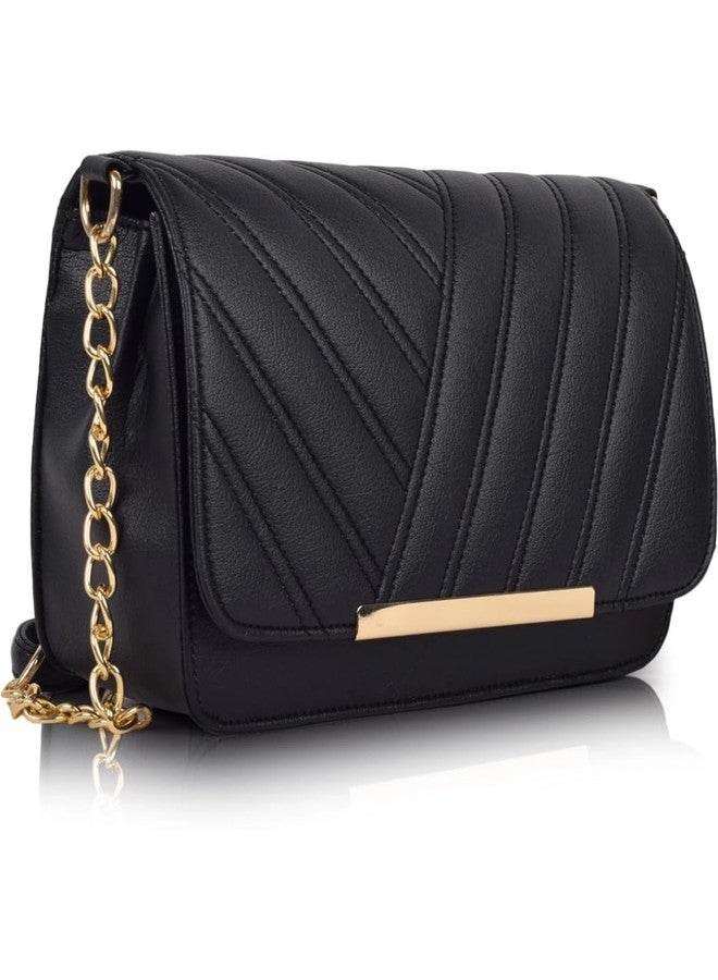 Nexeura Elegant Black Sling Bag for Women & Girls | Embroidered PU Leather Crossbody with Flap Closure | Stylish Party Shoulder Purse | 1.27L Capacity | Lightweight 356g | 20x8x13 cm (BLACK) - Image 1