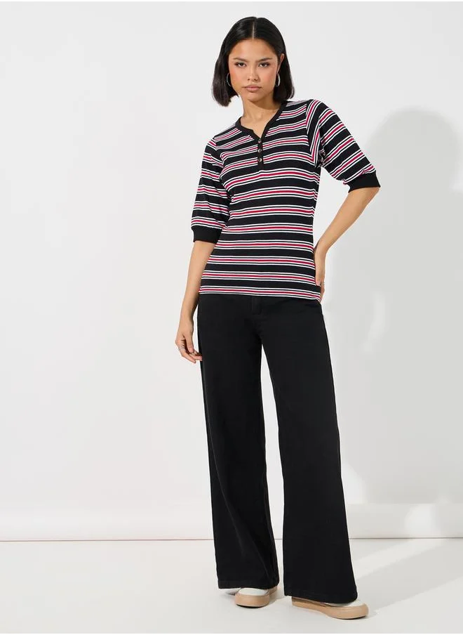 Styli Striped V Neck Knit Top with Half Button Placket