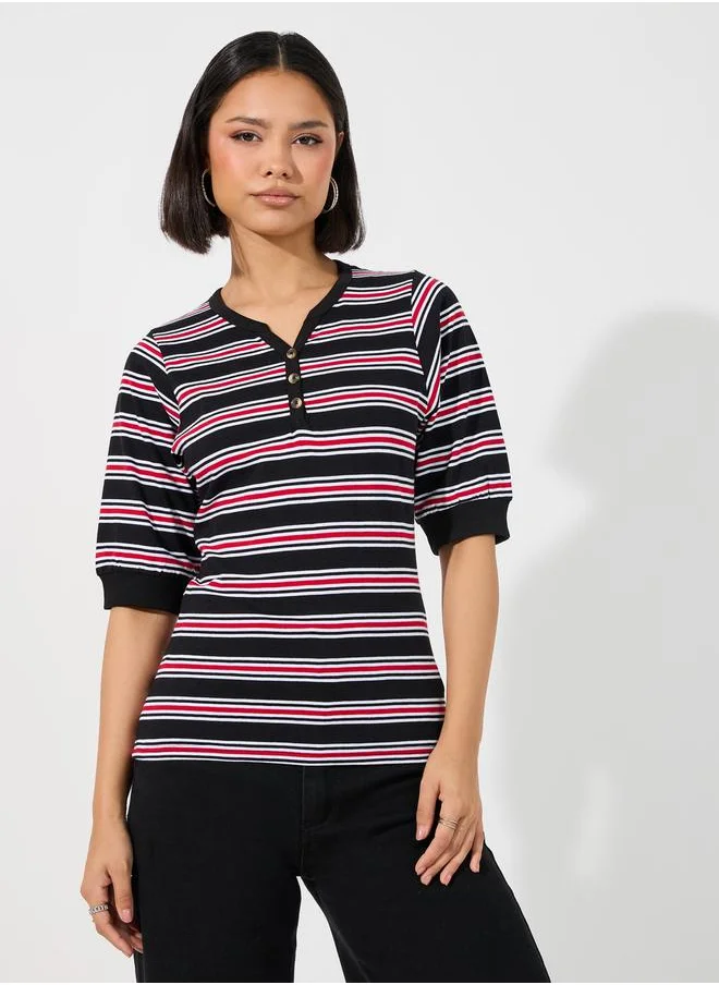 Styli Striped V Neck Knit Top with Half Button Placket