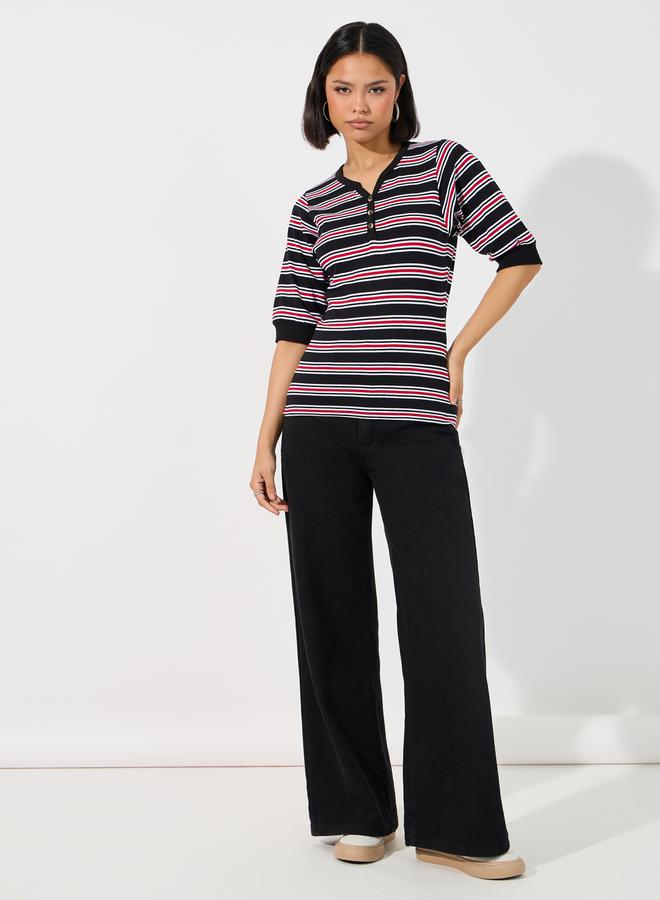 Styli Striped V Neck Knit Top with Half Button Placket - Image 2