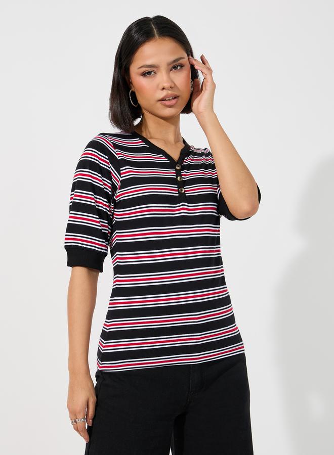 Styli Striped V Neck Knit Top with Half Button Placket - Image 5