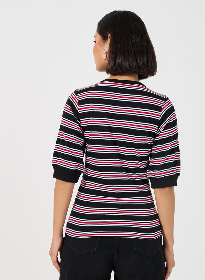 Styli Striped V Neck Knit Top with Half Button Placket - Image 4