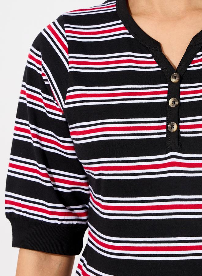 Styli Striped V Neck Knit Top with Half Button Placket - Image 3