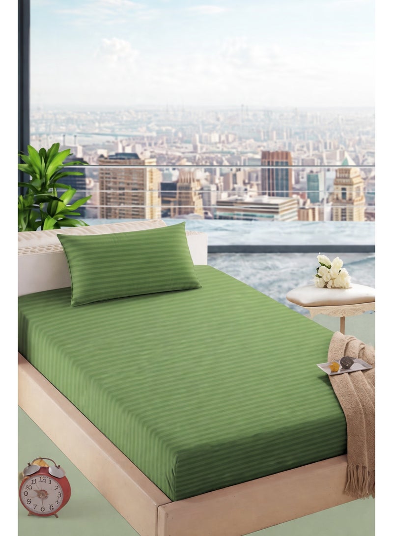 Blueberry Faded Green Single Size Stripe Deep Pocket Bed Sheet Set Cotton 100x200+15cm - Image 1