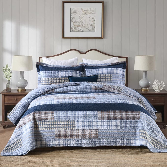 QUILT SET QUEEN SIZE 100 COTTON QUILT BEDDING SET BEDSPREADS PATCHWORK PLAID FARMHOUSE REVERSIBLE LIGHTWEIGHT COMFORTER BED SPREAD FOR QUEEN BED BLUE 3 PIECES