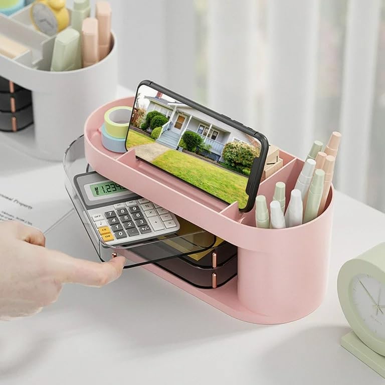 HOME CUBE Plastic Desk Organizer With Sliding Drawer Desktop Office Stationery Storage Box Desk Accessories Mobile Holder Table Organiser Study Table Office Table Desk Organizer (Pink) - Image 5