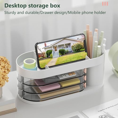 HOME CUBE Plastic Desk Organizer With Sliding Drawer Desktop Office Stationery Storage Box Desk Accessories Mobile Holder Table Organiser Study Table Office Table Desk Organizer (Pink) - Image 3