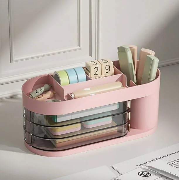 HOME CUBE Plastic Desk Organizer With Sliding Drawer Desktop Office Stationery Storage Box Desk Accessories Mobile Holder Table Organiser Study Table Office Table Desk Organizer (Pink) - Image 1