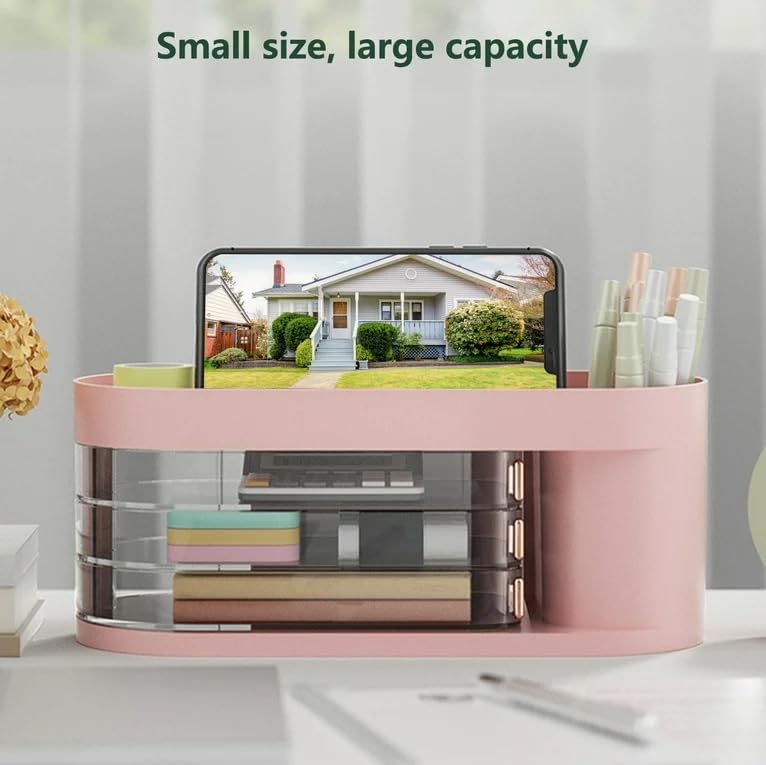 HOME CUBE Plastic Desk Organizer With Sliding Drawer Desktop Office Stationery Storage Box Desk Accessories Mobile Holder Table Organiser Study Table Office Table Desk Organizer (Pink) - Image 4