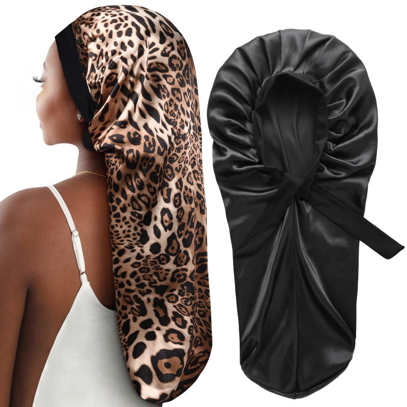 2 Pcs Hair Bonnets for Women Satin Black Leopard Soft Elastic Band Long Satin Bonnet Sleeping Cap for Women Bonnet for Braids