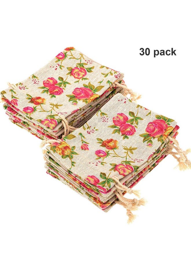Pangda 30 Pieces Small Size Rose Drawstring Bags Burlap Flower Pouch Bags Linen Gift Bags Jewelry Pouches For Wedding Diy Craft Party (3.9 X 5.3 Inch)  - Image 2