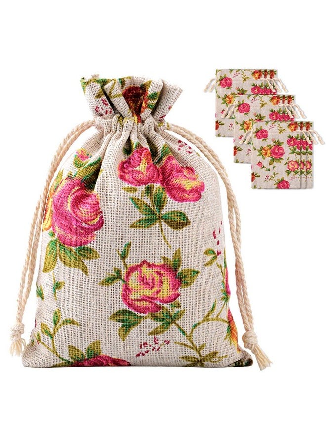 Pangda 30 Pieces Small Size Rose Drawstring Bags Burlap Flower Pouch Bags Linen Gift Bags Jewelry Pouches For Wedding Diy Craft Party (3.9 X 5.3 Inch)  - Image 1