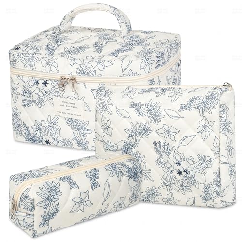 senbowe Floral Makeup Bag 3 Pack Large Cotton Quilted Makeup Bag Set Cute Floral Coquette Aesthetic Toiletry Bag Make Up Cosmetic Bag for Women Toiletry Travel Make Up Organizer Bag - Image 1