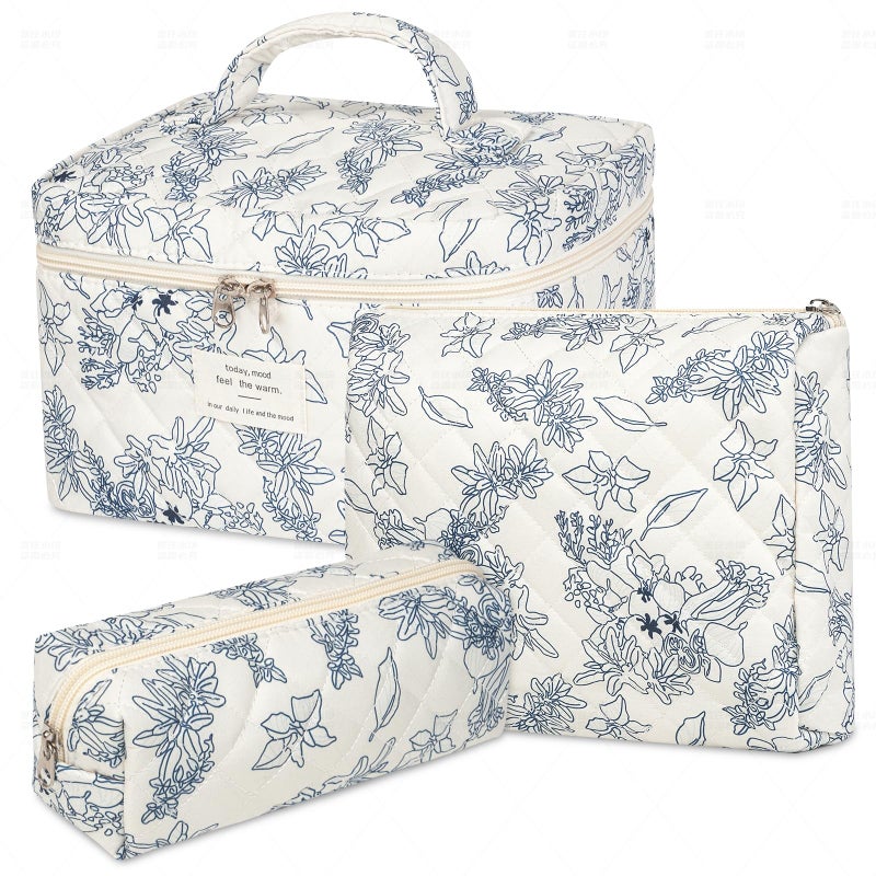senbowe Floral Makeup Bag 3 Pack Large Cotton Quilted Makeup Bag Set Cute Floral Coquette Aesthetic Toiletry Bag Make Up Cosmetic Bag for Women Toiletry Travel Make Up Organizer Bag - Image 2