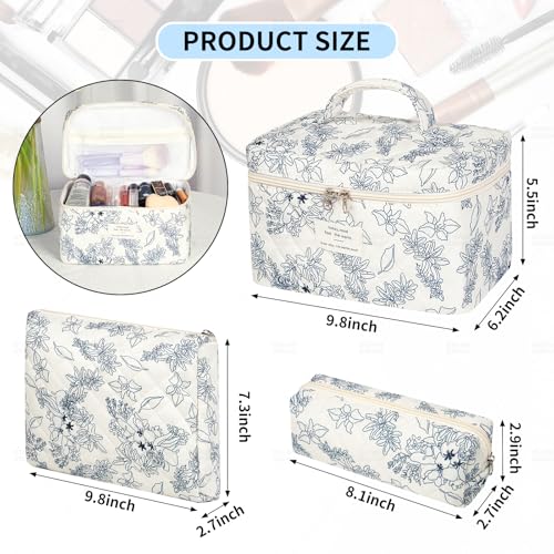 senbowe Floral Makeup Bag 3 Pack Large Cotton Quilted Makeup Bag Set Cute Floral Coquette Aesthetic Toiletry Bag Make Up Cosmetic Bag for Women Toiletry Travel Make Up Organizer Bag - Image 3