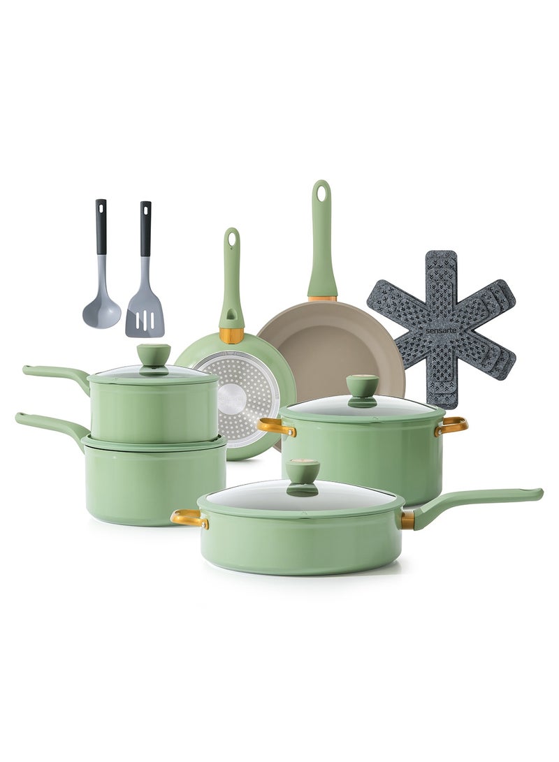 Sensarte مجموعة أواني ومقالي SENSARTE غير لاصقة، 18 قطعة مجموعة أواني طهي غير لاصقة، مجموعة أواني مطبخ للطبخ بالحث، خضراء - Image 1