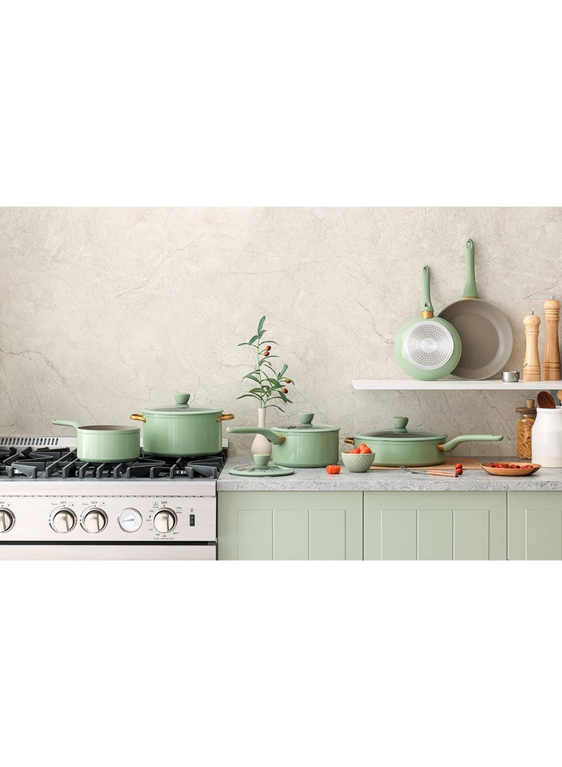 Sensarte مجموعة أواني ومقالي SENSARTE غير لاصقة، 18 قطعة مجموعة أواني طهي غير لاصقة، مجموعة أواني مطبخ للطبخ بالحث، خضراء - Image 2