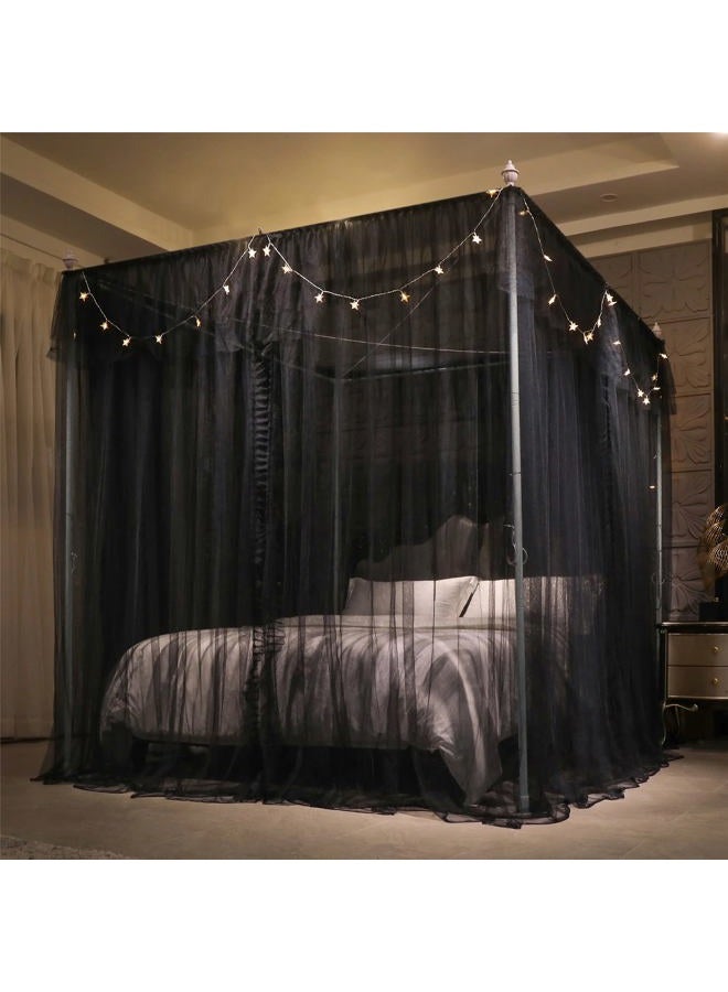 VETHIN 4 Corners Post Ruffle Princess Bed Canopy Curtain-Double Layer Cozy Drape Netting 4 Opening Mosquito Net for Girls Adults Bedroom Decoration (Double-Black,59" W*82" L*82"*H/Queen) - Image 4