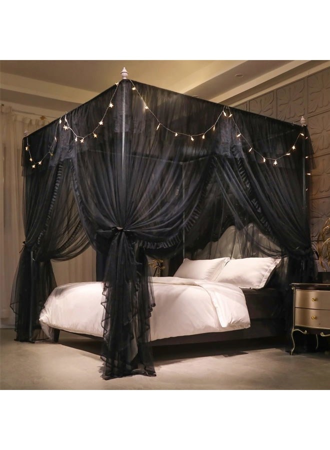 VETHIN 4 Corners Post Ruffle Princess Bed Canopy Curtain-Double Layer Cozy Drape Netting 4 Opening Mosquito Net for Girls Adults Bedroom Decoration (Double-Black,59" W*82" L*82"*H/Queen) - Image 1